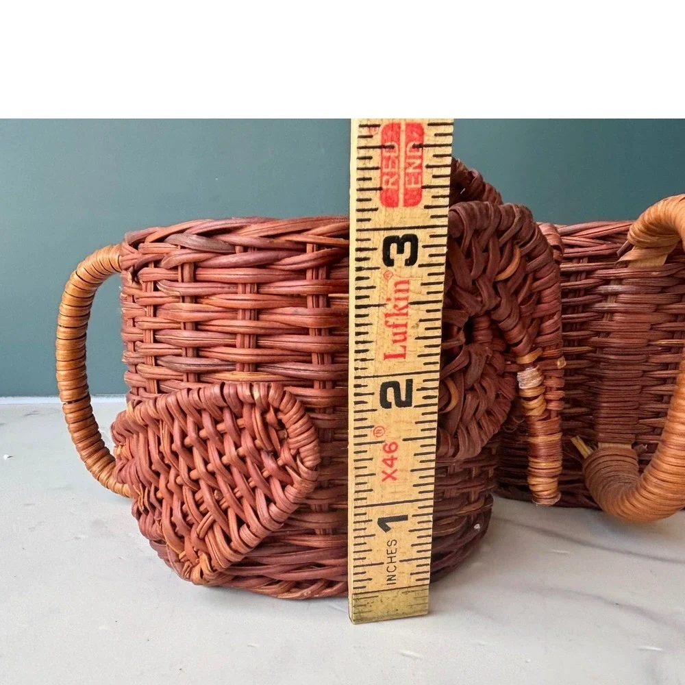Vintage Owl Wicker Basket Cups Set of 2 Brown Woven Boho Storage Handles
